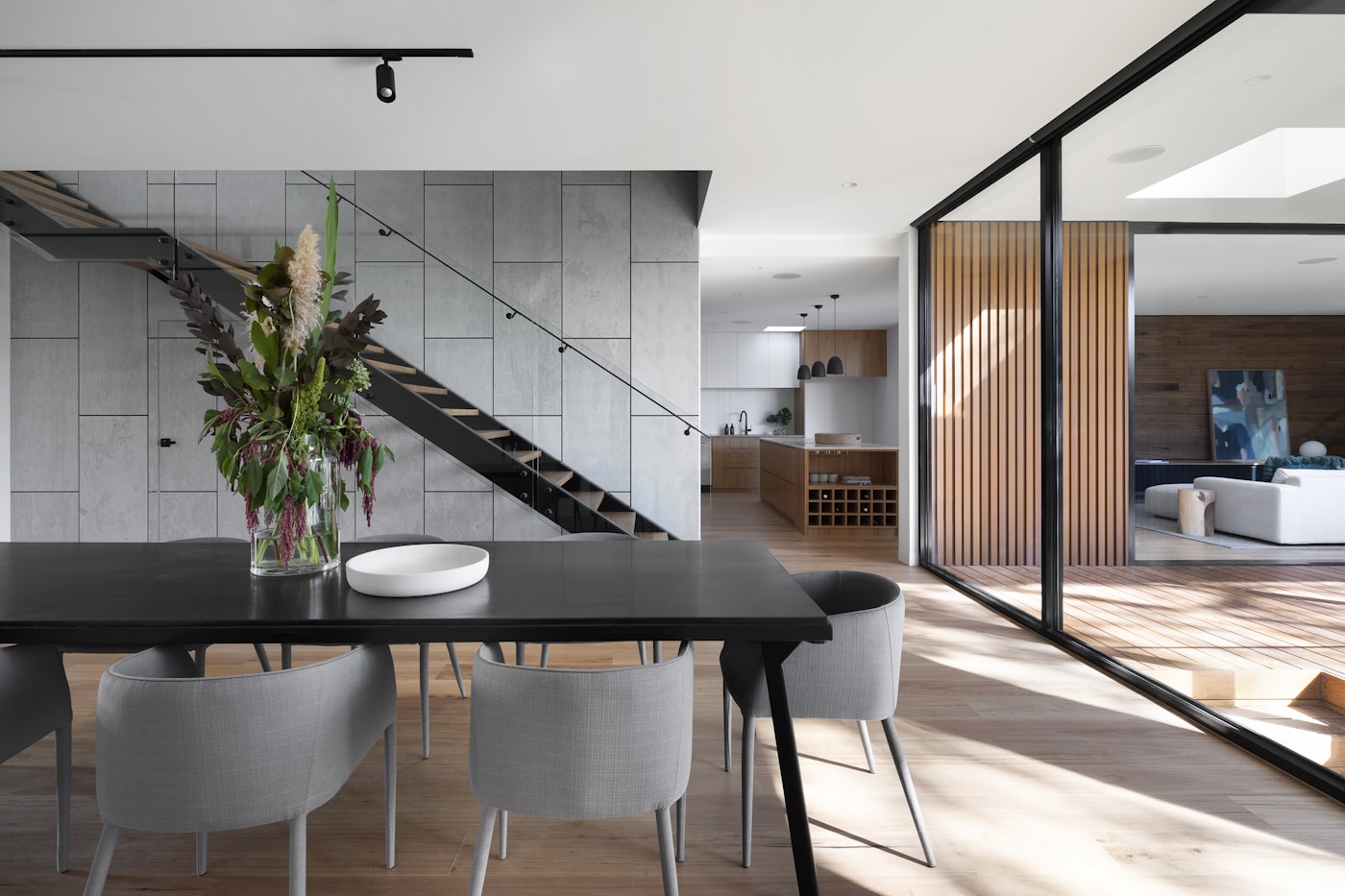 Contemporary architecture with natural materials and open living spaces
