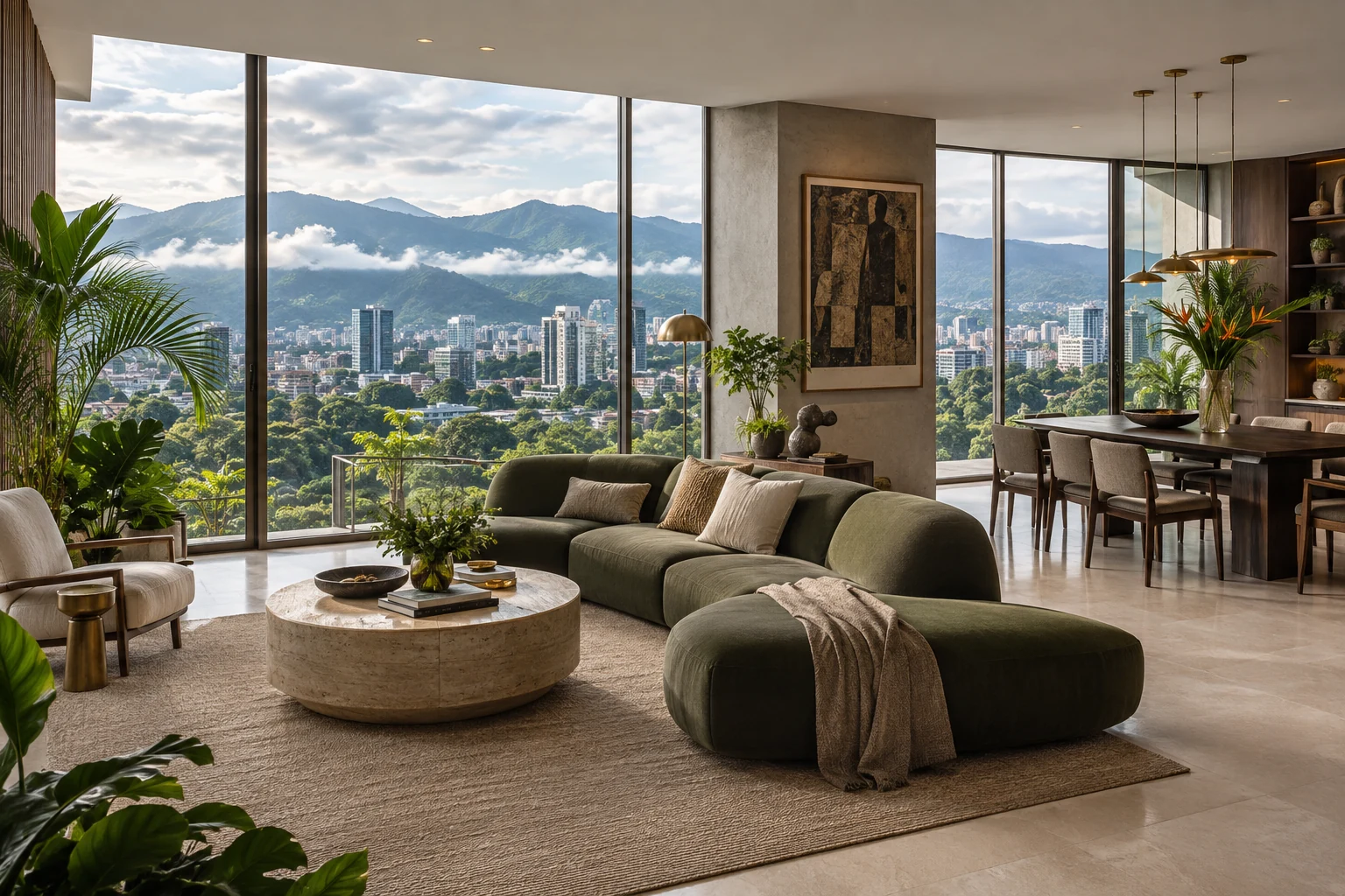Illustrative penthouse interior with a green highland city outlook